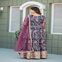 Premium Designer Floral Printed Taby Silk Readymade Gown with Net Dupatta
